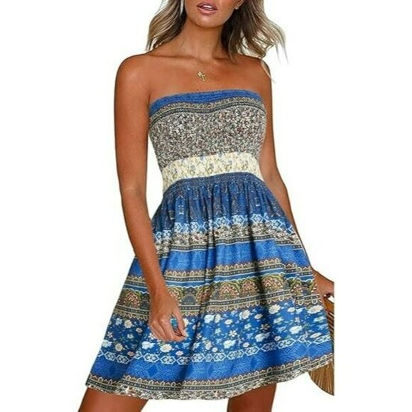 Dresses & Skirts - Bohemian Strapless Summer Beach Mini Dress Blue Floral Stretch A-Line Size M New